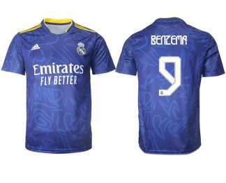 Real Madrid Herren Auswärtstrikot 2022 blau/weiß mit Aufdruck Benzema 9