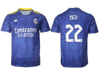 Real Madrid Herren Auswärtstrikot 2022 blau/weiß mit Aufdruck ISCO 22