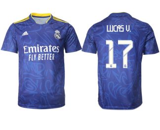Real Madrid Herren Auswärtstrikot 2022 blau/weiß mit Aufdruck Lucas V. 17