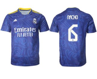 Real Madrid Herren Auswärtstrikot 2022 blau/weiß mit Aufdruck Nacho 6