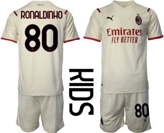 AC Mailand Auswärtstrikot 2022 Beige Rot für Kinder mit Aufdruck Ronaldinho 80