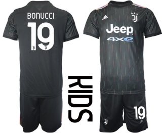 Fussballtrikot Juventus Turin Trikot Away 2021/22 für Kinder schwarz mit Aufdruck Bonucci 19
