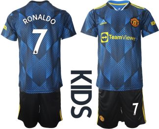 Fußballtrikot Manchester United Ausweichtrikot blau 2022 für Kinder Ronaldo 7