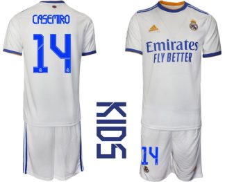 Kinder Fußballtrikot Real Madrid 2021/22 Heimtrikot weiß blau mit Aufdruck Casemiro 14