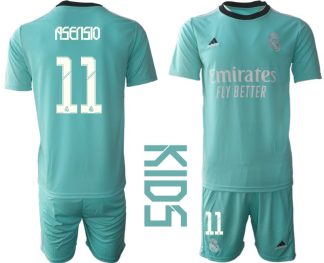 Kinder Real Madrid 2021/22 Mini Kit 3rd Trikot türkis/weiß mit Aufdruck Asensio 11