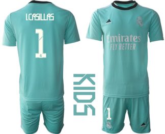 Kinder Real Madrid 2021/22 Mini Kit 3rd Trikot türkis/weiß mit Aufdruck I.Casillas 1