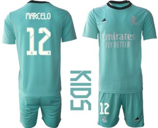 Kinder Real Madrid 2021/22 Mini Kit 3rd Trikot türkis/weiß mit Aufdruck Marcelo 12