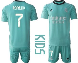 Kinder Real Madrid Ausweichtrikot 2021/22 Mini Kit türkis/weiss mit Aufdruck Ronaldo 7