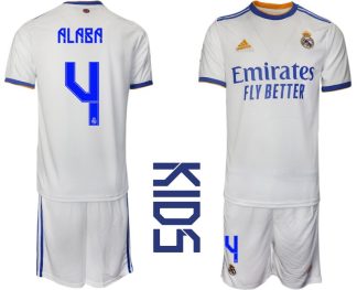 Kinder Real Madrid Heimtrikot weiss blau 2021/22 Trikotsatz Kurzarm + Kurze Hosen mit Aufdruck Alaba 4