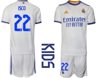 Kinder Real Madrid Heimtrikot weiss blau 2021/22 Trikotsatz Kurzarm + Kurze Hosen mit Aufdruck ISCO 22