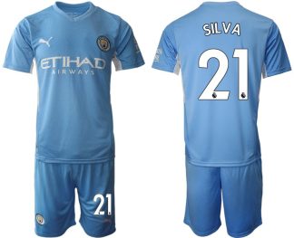 Manchester City 2022 Heimtrikot hellblau/weiß Kurzarm + Kurze Hosen SILVA 21