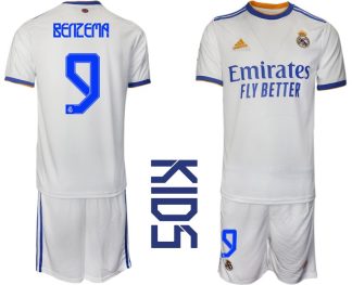 Real Madrid 2021/22 Heimtrikot Kinder Junior weiss blau mit Aufdruck Benzema 9