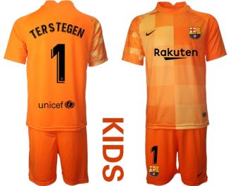 Ter Stegen 1 FC Barcelona Torwarttrikot orange Kinder Trikotsatz Kurzarm + Kurze Hosen