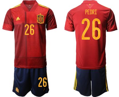 Günstige Fußballtrikots Spanien Trikot Home EM 2022 Rot Kurzarm + Kurze Hosen PEDRI 26