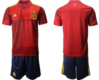 Günstige Spanien EM 2020 Heimtrikots Rot und Gelb Kurzarm + Marineblau Kurze Hosen