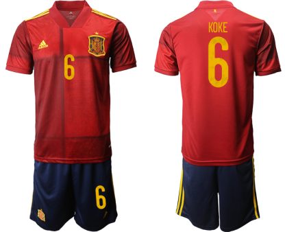 KOKE 6 Spanien EM 2020 Heimtrikots Rot und Gelb Kurzarm + Marineblau Kurze Hosen