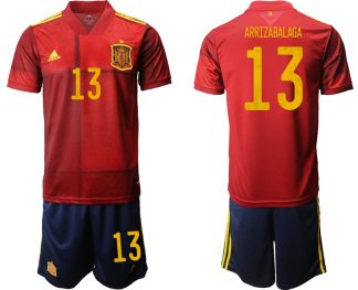 Spanien EM 2020 Heimtrikots Rot und Gelb Kurzarm + Marineblau Kurze Hosen ARRIZABALAGA 13