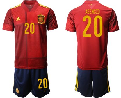 Spanien EM 2020 Heimtrikots Rot und Gelb Kurzarm + Marineblau Kurze Hosen ASENSIO 20