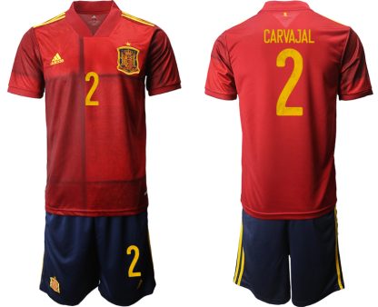 Spanien EM 2020 Heimtrikots Rot und Gelb Kurzarm + Marineblau Kurze Hosen Carvajal 2