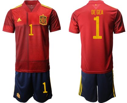 Spanien EM 2020 Heimtrikots Rot und Gelb Kurzarm + Marineblau Kurze Hosen DE GEA 1