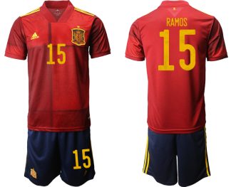 Spanien EM 2020 Heimtrikots Rot und Gelb Kurzarm + Marineblau Kurze Hosen RAMOS 15