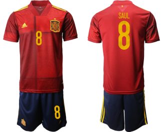 Spanien EM 2020 Heimtrikots Rot und Gelb Kurzarm + Marineblau Kurze Hosen SAUL 8