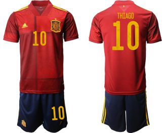 Spanien EM 2020 Heimtrikots Rot und Gelb Kurzarm + Marineblau Kurze Hosen THIAGO 10