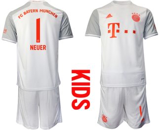 Bayern München 2020-2021 für Kinder Torwart-Auswärtstrikot Weiß Kurzarm Trikotsatz NEUER 1
