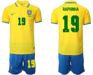 Brasilien 2022 WM Heimtrikots Gelb Trikotsatz Kurzarm + Kurze Hosen RAPHINHA 19