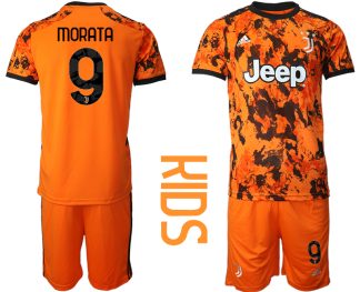 Günstige Fussballtrikot Juventus Turin 20-21 Ausweichtrikot Orange Schwarz Kinder Trikotsatz MORATA #9