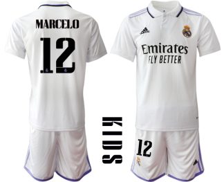 Günstige Fussballtrikot Kinder Heimtrikot Real Madrid Home Trikot weiß lila 2022/23 MARCELO #12