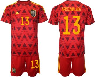 Spanien Heimtrikot WM 2022 Rot Trikotsatz Kurzarm + Kurze Hosen mit Aufdruck ARRIZABALAGA 13