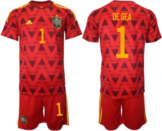 Spanien Heimtrikot WM 2022 Rot Trikotsatz Kurzarm + Kurze Hosen mit Aufdruck DE GEA #1