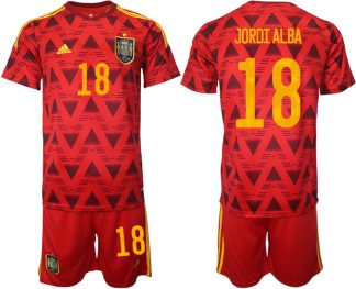 Spanien Heimtrikot WM 2022 Rot Trikotsatz Kurzarm + Kurze Hosen mit Aufdruck JORDI ALBA 18