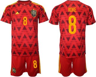 Spanien Heimtrikot WM 2022 Rot Trikotsatz Kurzarm + Kurze Hosen mit Aufdruck KOKE 8