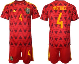 Spanien Heimtrikot WM 2022 Rot Trikotsatz Kurzarm + Kurze Hosen mit Aufdruck MARTINEZ 4