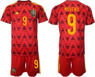Spanien Heimtrikot WM 2022 Rot Trikotsatz Kurzarm + Kurze Hosen mit Aufdruck MORE NO 9
