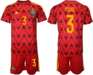 Spanien Heimtrikot WM 2022 Rot Trikotsatz Kurzarm + Kurze Hosen mit Aufdruck PIQUE 3