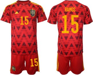 Spanien Heimtrikot WM 2022 Rot Trikotsatz Kurzarm + Kurze Hosen mit Aufdruck RAMOS 15