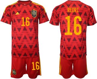 Spanien Heimtrikot WM 2022 Rot Trikotsatz Kurzarm + Kurze Hosen mit Aufdruck REDRI 16