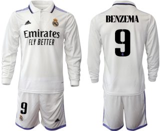 BENZEMA 9 Real Madrid Trikots 2022-23 Heimtrikot Weiß Langarm + Kurze Hosen
