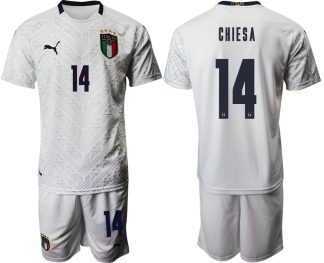 Herren Italien EM 2020 Auswärtstrikot weiß Fussballtrikots Kurzarm + Kurze Hosen CHIESA #14