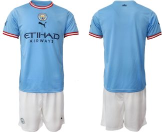 Herren Manchester City Heimtrikot 2022/2023 blau Kurzarm + weiß Kurze Hosen