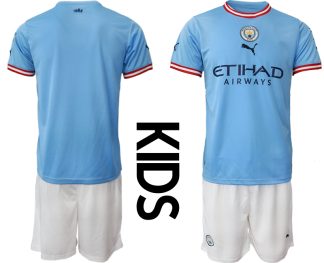Kinder Manchester City FC 2022/23 Heimtrikots blau Kurzarm + weiß Kurze Hosen