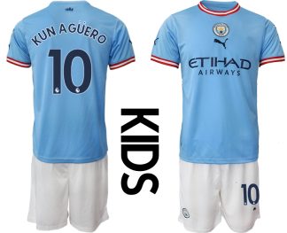 Kinder Manchester City FC 2022/23 Heimtrikots blau Kurzarm + weiß Kurze Hosen KUN AGÜERO 10