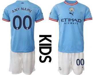 Kinder Manchester City FC 2022/23 Heimtrikots blau weiß Trikotsatz für Draußen