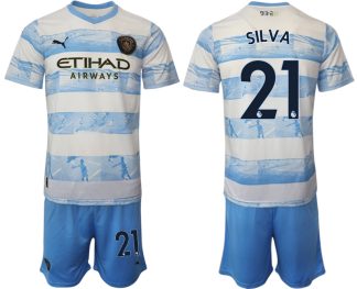 Manchester City Aufwärmtrikot 2022/2023 weiß blau Kurzarm + Kurze Hosen SILVA 21