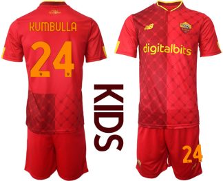 Kinder AS Roma 2022/23 Heimtrikot Rot Trikotsatz Kurzarm + Kurze Hosen mit Aufdruck KUMBULLA 24