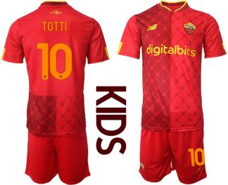 Kinder AS Roma 2022/23 Heimtrikot Rot Trikotsatz Kurzarm + Kurze Hosen mit Aufdruck TOTTI 10