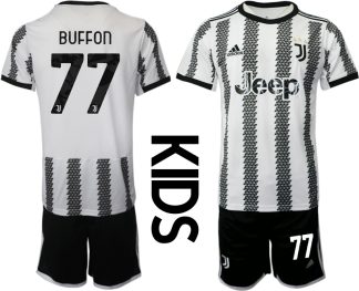 Kinder Juventus FC 2022-23 Heimtrikot Schwarz Weiß Kurzarm + Kurze Hosen BUFFON 77